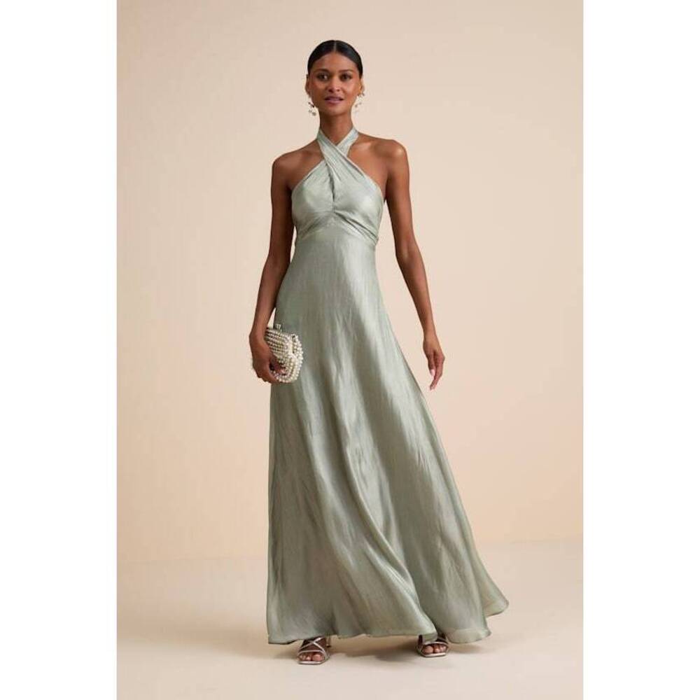 Lulus Canley Sage Satin Cross-front Halter Maxi Dress Green - Size S